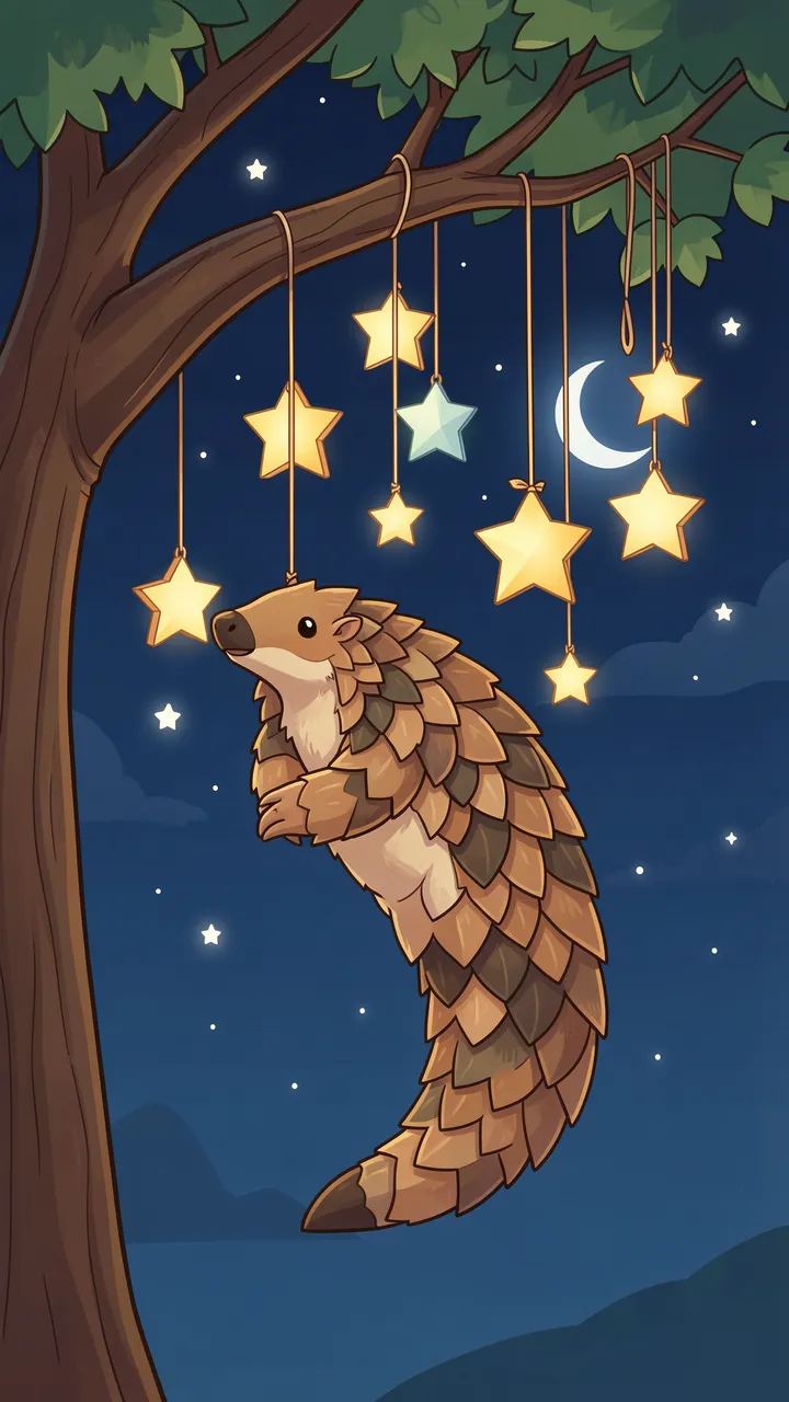 Cute illustrated pangolin hangs glowing paper star decorations from a tree branch under a starry night sky with a crescent
