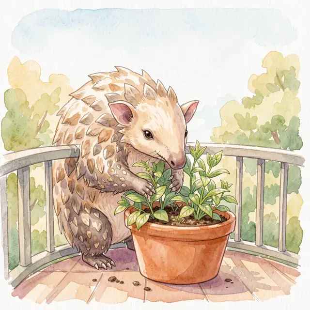 A cute watercolor pangolin tends a potted herb plant on a sunny curved balcony overlooking trees.