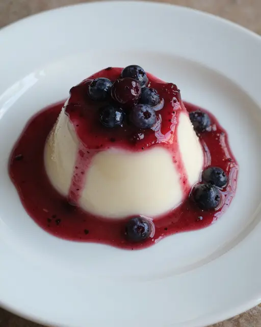 Creamy panna cotta topped with berry sauce and fresh blueberries on a white plate