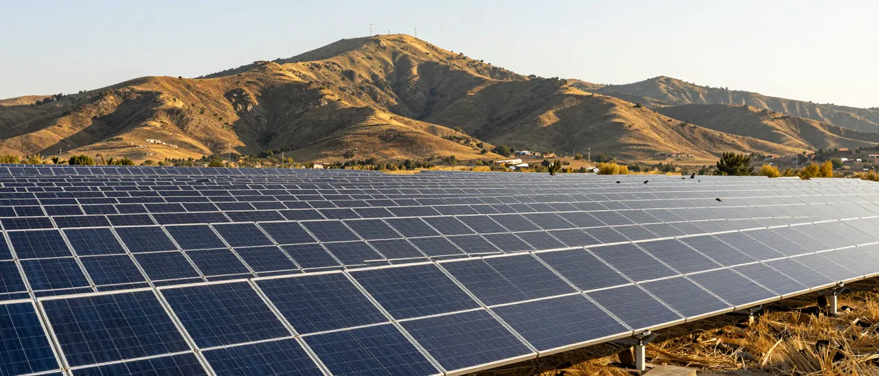 Rows of solar panels stretch across the foreground with dry golden hills behind at warm golden hour