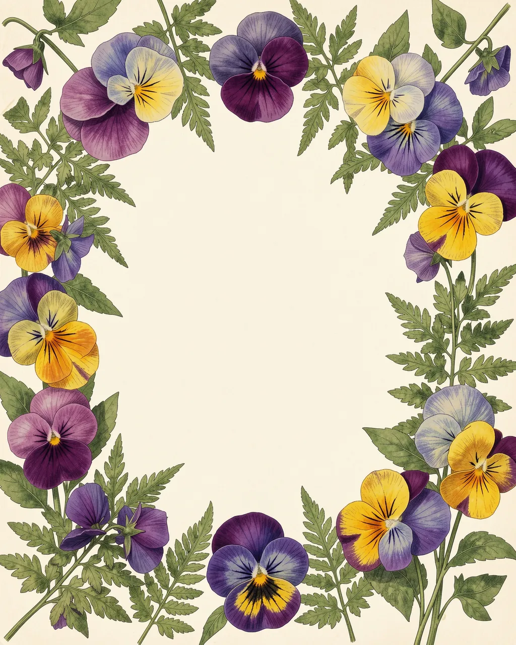 Botanical illustration frame of pansies and ferns surrounding an empty cream center
