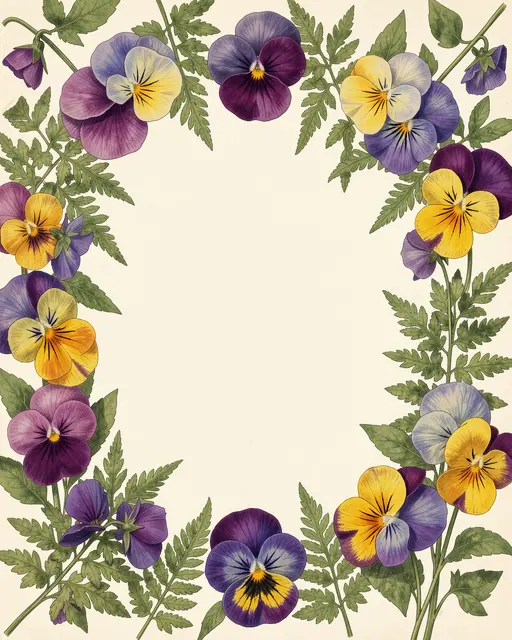 Botanical illustration frame of pansies and ferns surrounding an empty cream center