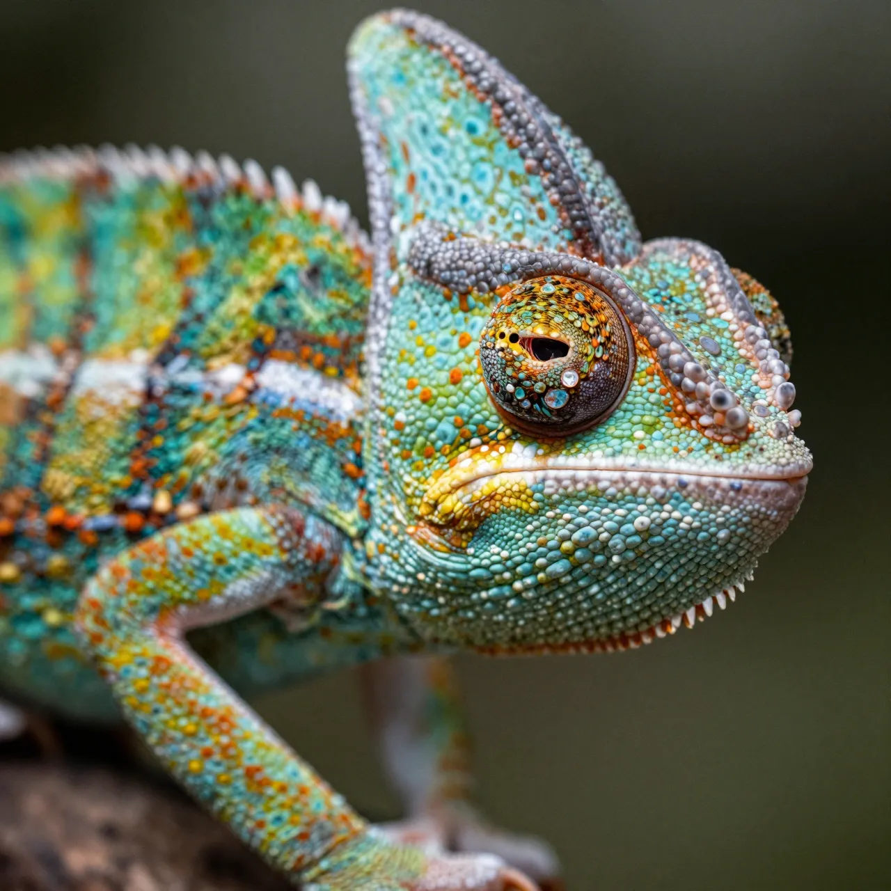 Close-up portrait of a vibrant multicolored panther chameleon perched on a branch against a blurred dark background