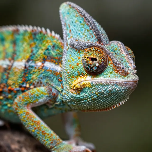 Close-up portrait of a vibrant multicolored panther chameleon perched on a branch against a blurred dark background