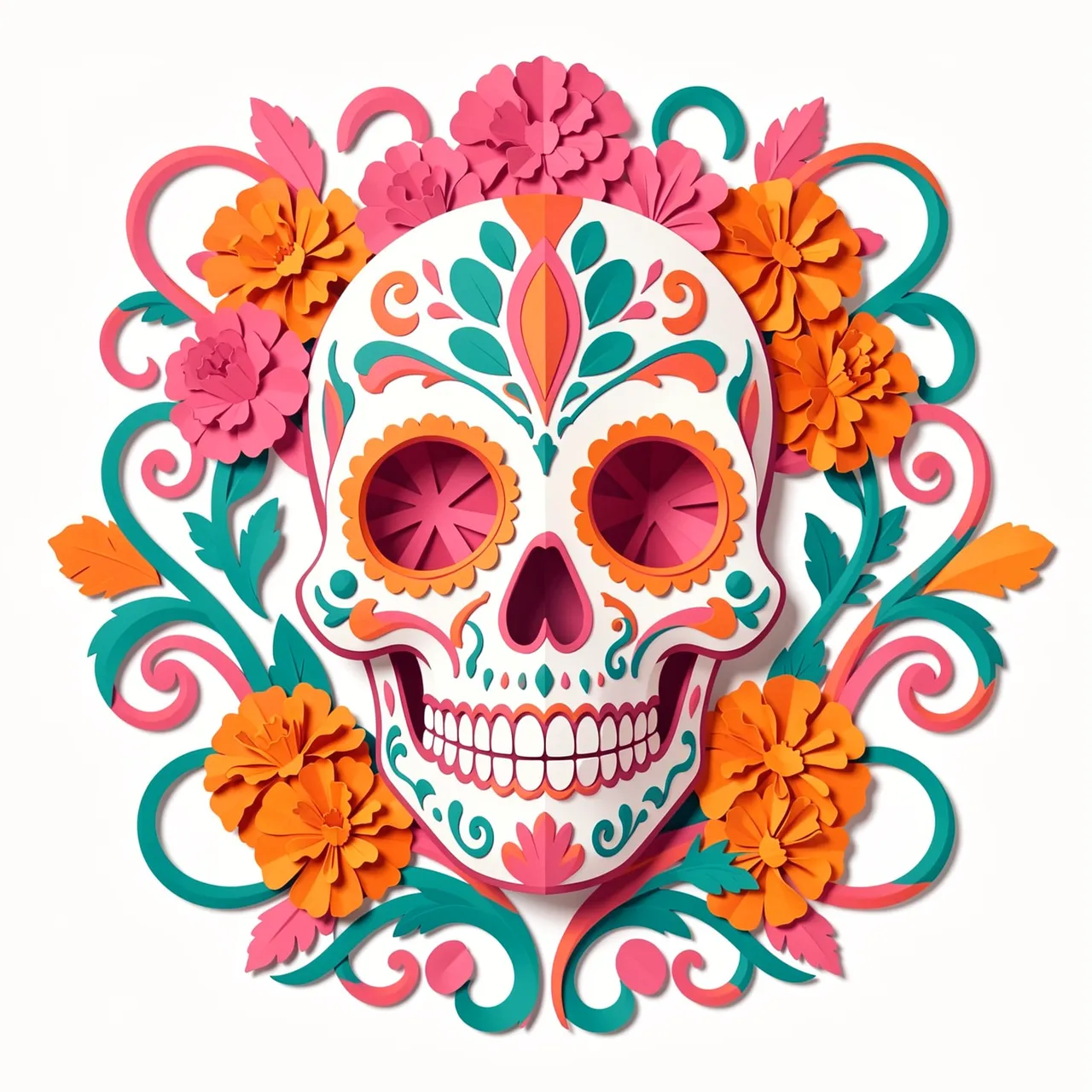 Paper craft papel picado style sugar skull surrounded by marigolds and swirling vines in pink, orange and teal