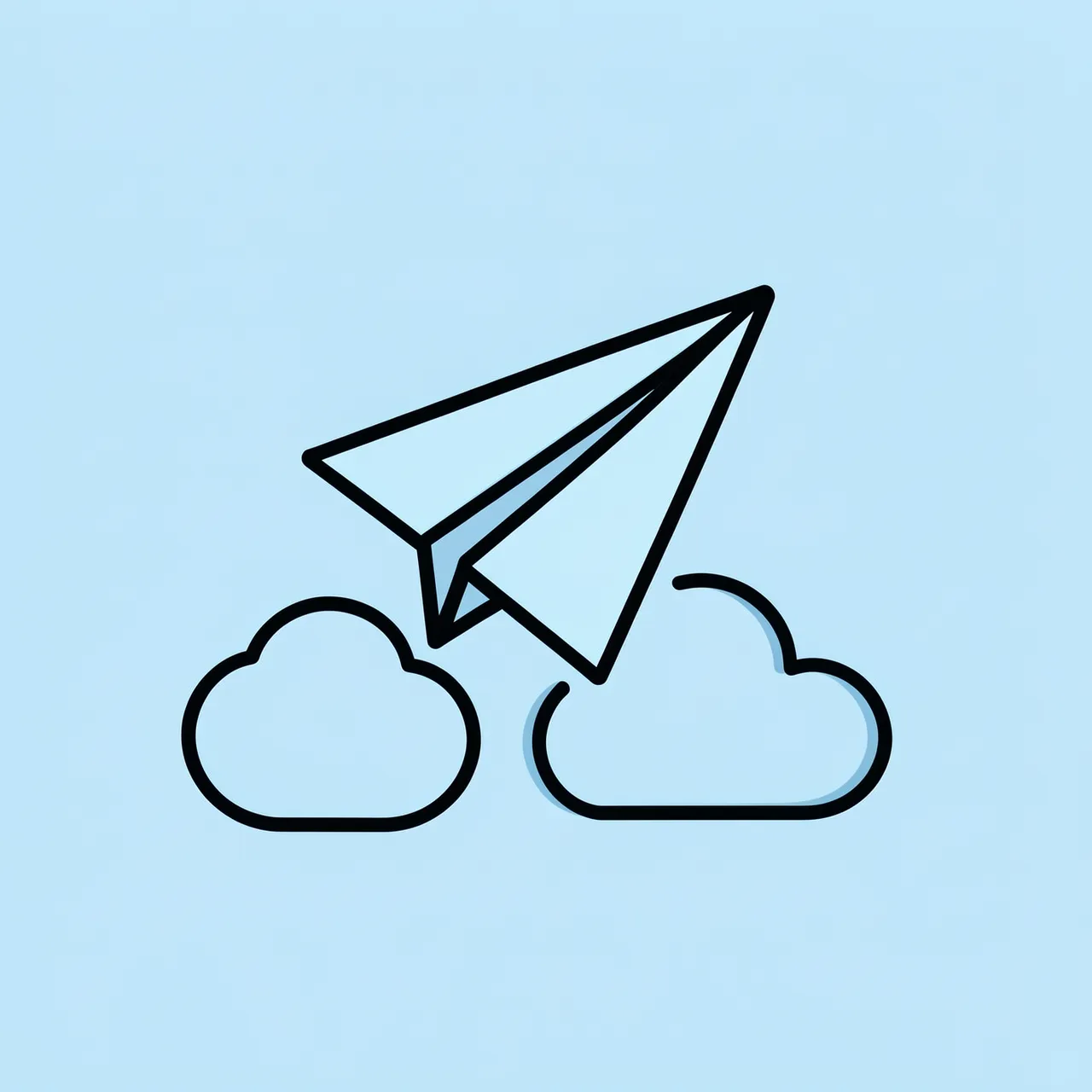 Line art paper airplane climbs past outlined clouds on a pale blue background