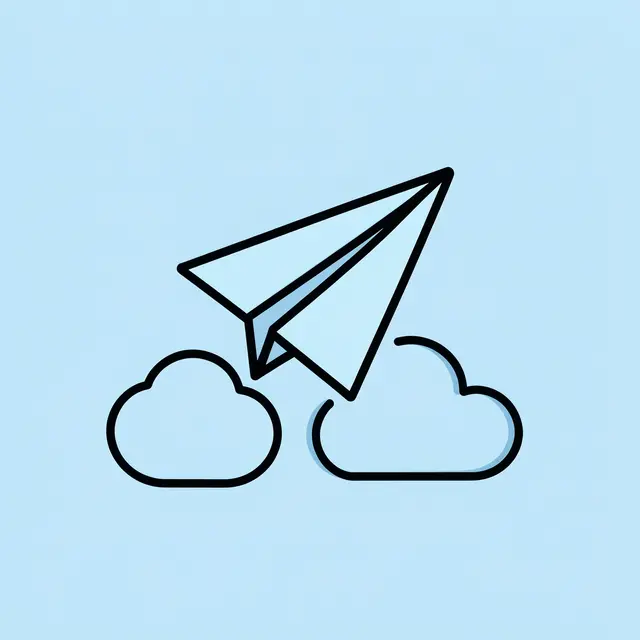 Line art paper airplane climbs past outlined clouds on a pale blue background