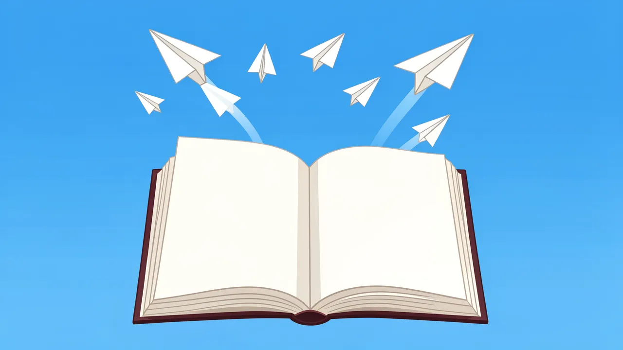 An open blank hardcover book with paper airplanes flying upward into a bright blue sky