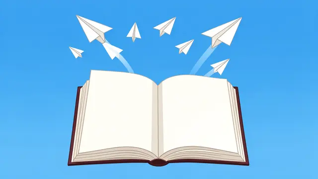 An open blank hardcover book with paper airplanes flying upward into a bright blue sky