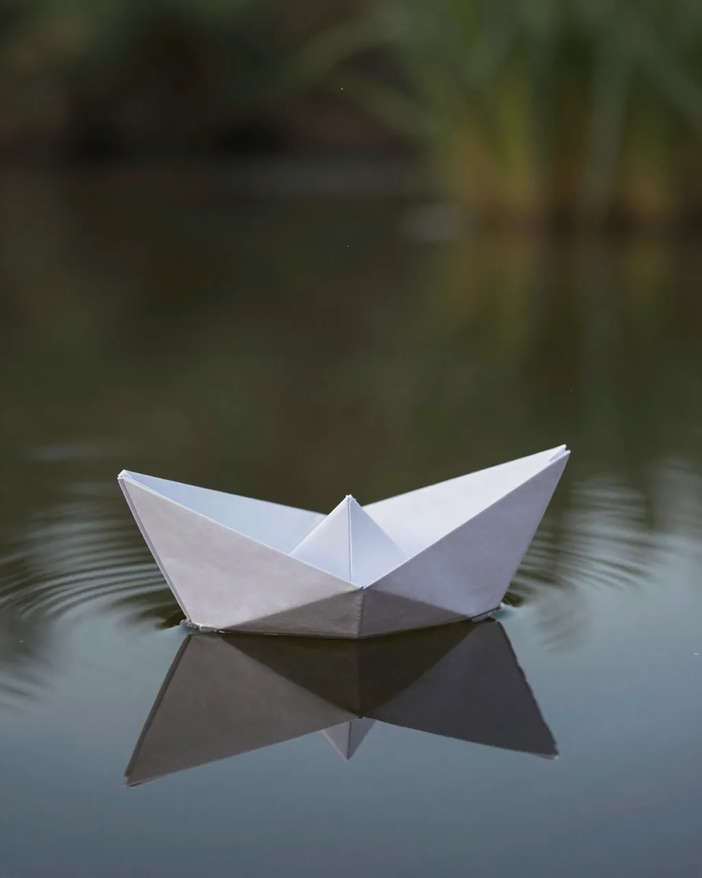 A small white origami paper boat floats on calm still pond water with soft ripples and a clear reflection.