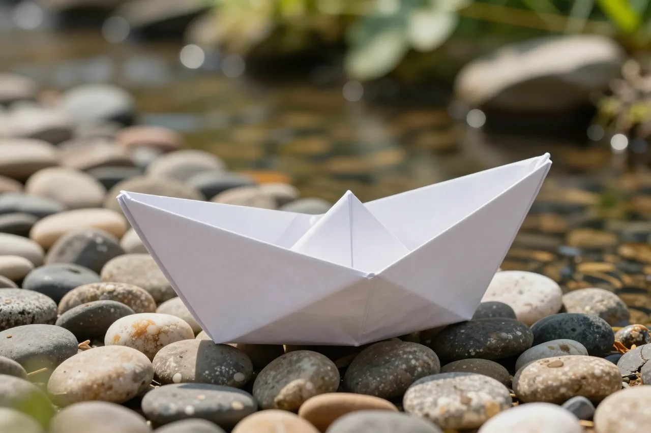 A white folded origami paper boat rests on smooth multicolored pebbles beside a shallow sunny garden stream.