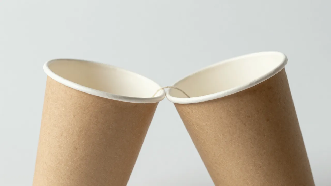 Two kraft paper cups connected by a taut string sit against a plain pale gray background