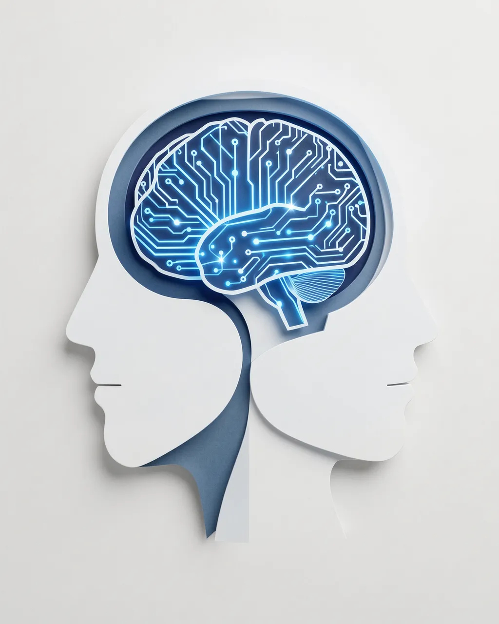 Layered paper cut illustration of human head profiles containing a glowing circuit board brain