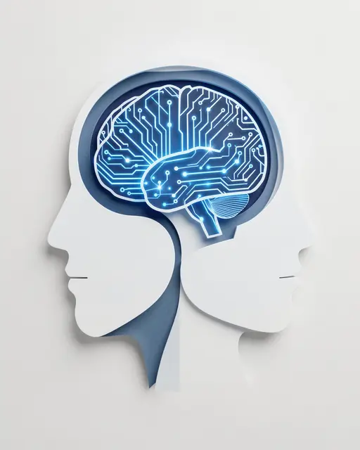 Layered paper cut illustration of human head profiles containing a glowing circuit board brain