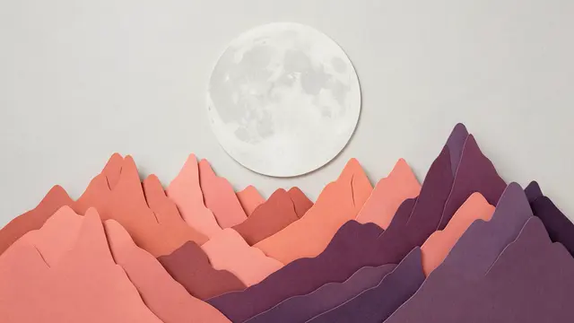 Layered paper cut art of coral and plum alien mountains under a large pale full moon