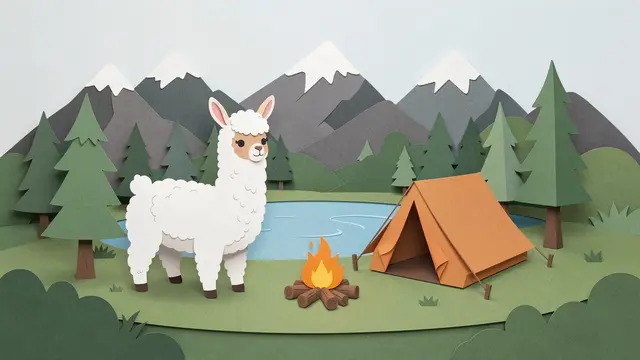 Layered paper cut illustration of a cute alpaca camping next to a mountain lake with a tent and campfire