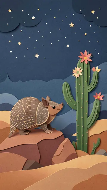 Layered paper cut illustration of a cute armadillo on a desert rock beside a flowering cactus under a starry night sky
