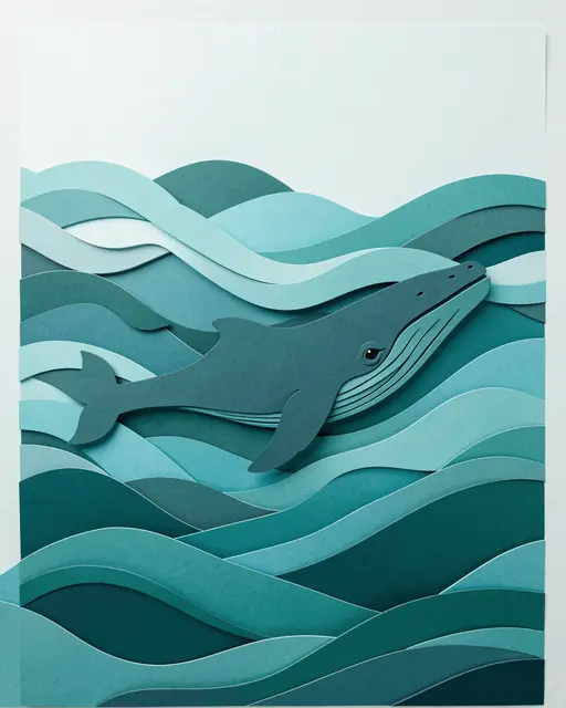 Layered paper cut art of a whale gliding through teal and aqua rolling ocean waves