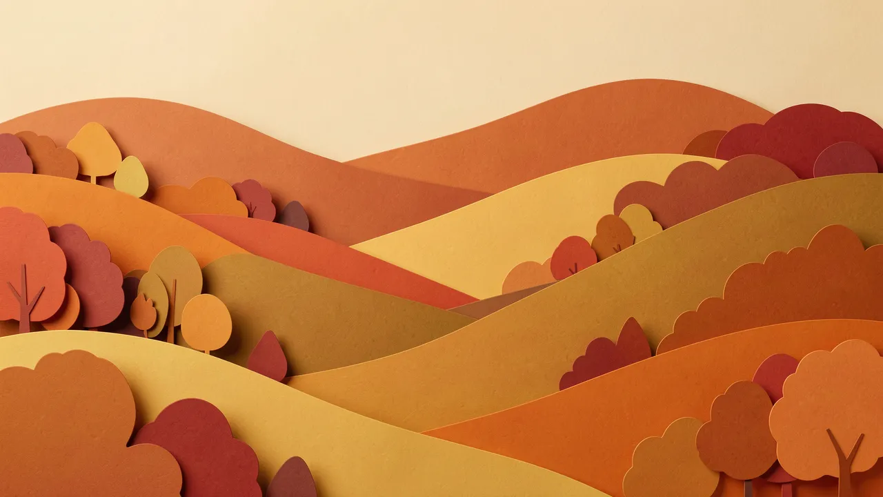 Layered paper cut art of rolling autumn hills dotted with stylized trees in warm fall tones