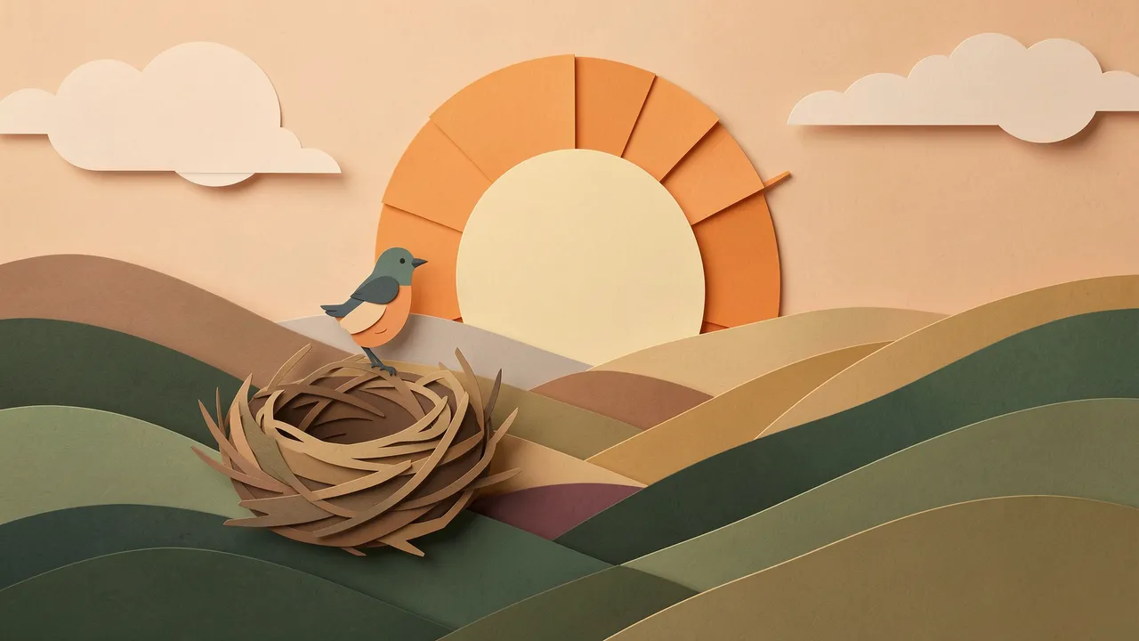 Layered paper cut illustration of a small bird standing on its nest overlooking a rising sun over rolling hills