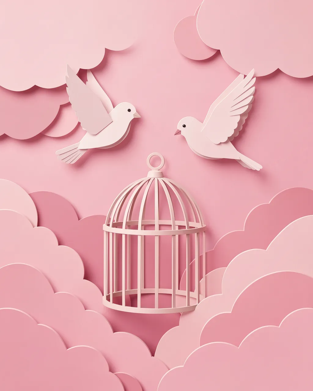Layered paper craft illustration of two paper birds flying above an open birdcage surrounded by pink paper clouds