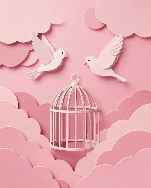 Layered paper craft illustration of two paper birds flying above an open birdcage surrounded by pink paper clouds