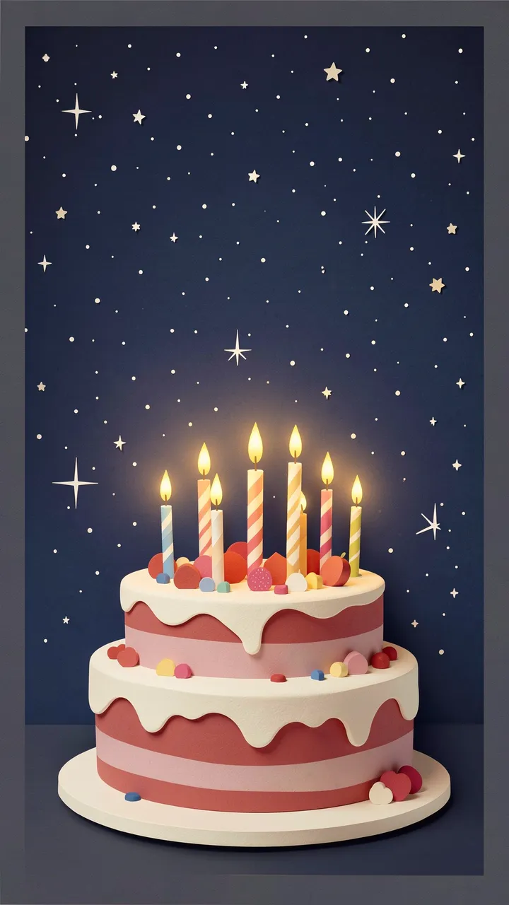 Two tiered birthday cake with glowing candles sits beneath a starry night sky in a paper cut illustration style