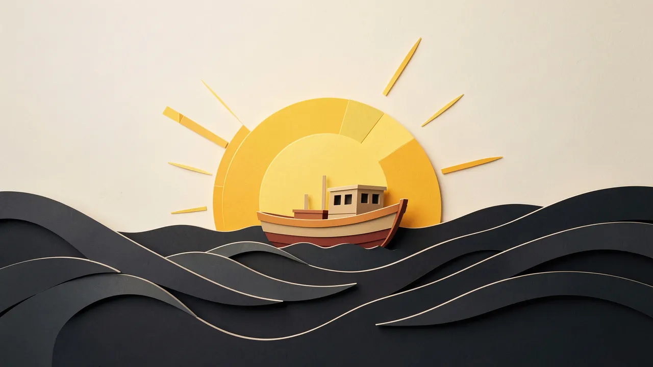 Layered paper cut illustration of a small boat sailing on dark waves toward a bright golden sunrise