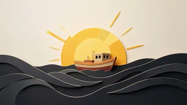 Layered paper cut illustration of a small boat sailing on dark waves toward a bright golden sunrise