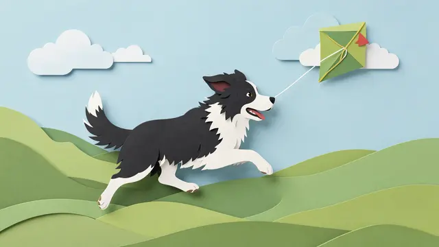 Layered paper cut illustration of a border collie running across green hills holding a kite string in a breezy spring scene