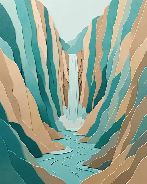 Layered paper cut illustration of a waterfall flowing into a turquoise canyon river