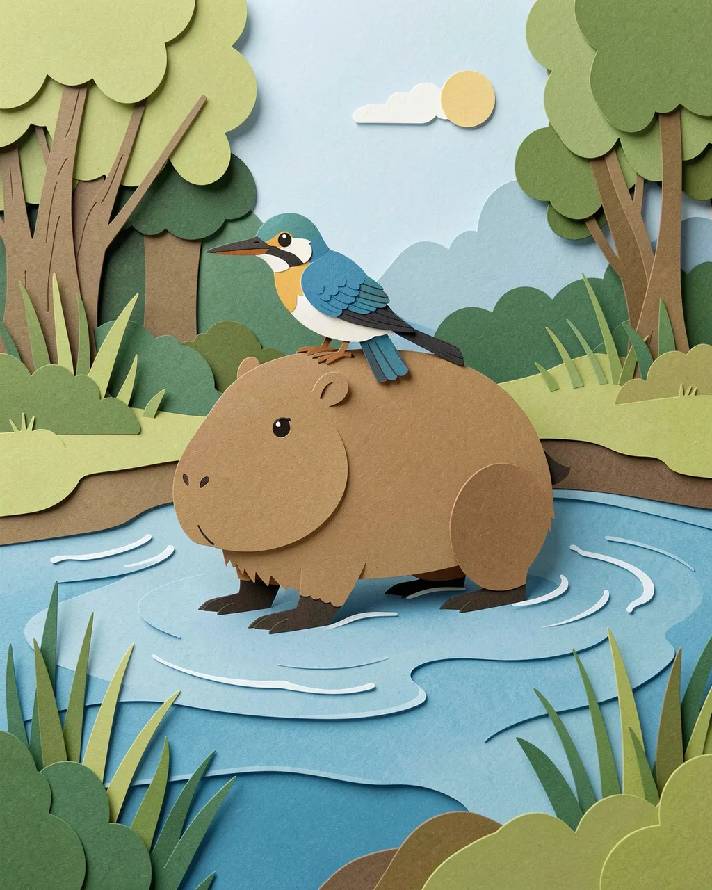 Layered paper cut illustration of a capybara standing in a river with a kingfisher perched on its back