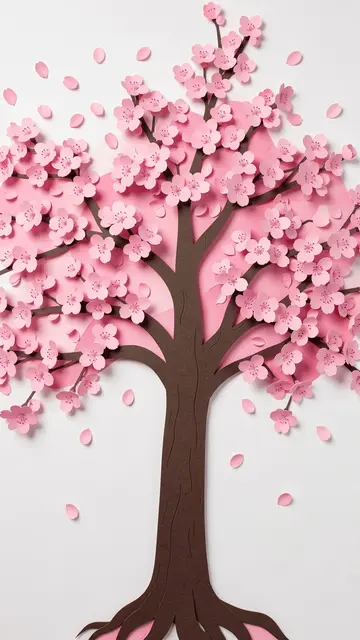 Layered paper cut illustration of a blossoming cherry tree with drifting pink petals against a pale background