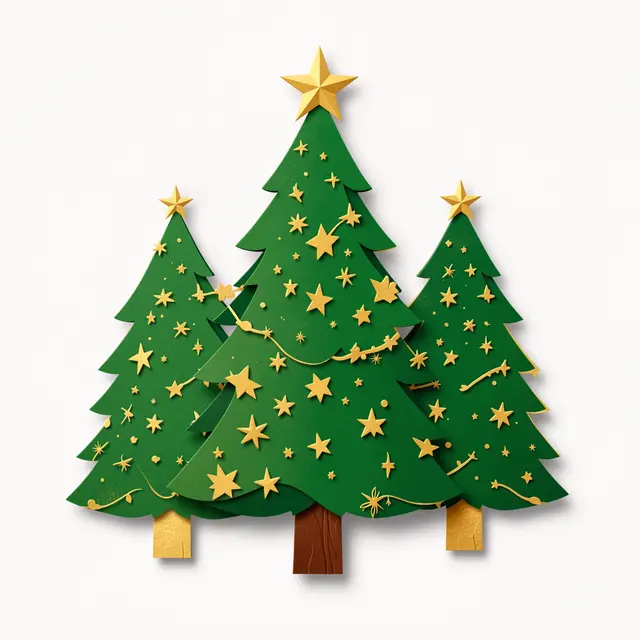 Layered paper cut illustration of three green Christmas trees decorated with golden stars on a plain white background