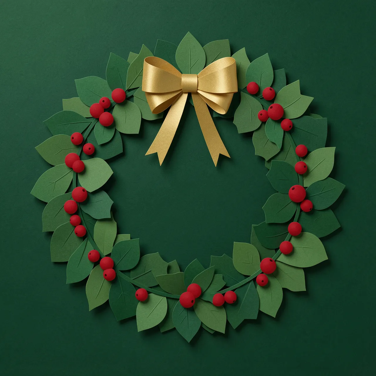 Layered paper-cut Christmas wreath with green leaves, red berries and a gold bow on dark green background