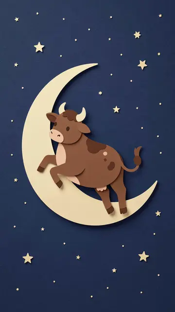 Layered paper cut illustration of a brown cow leaping over a crescent moon in a starry dark blue sky