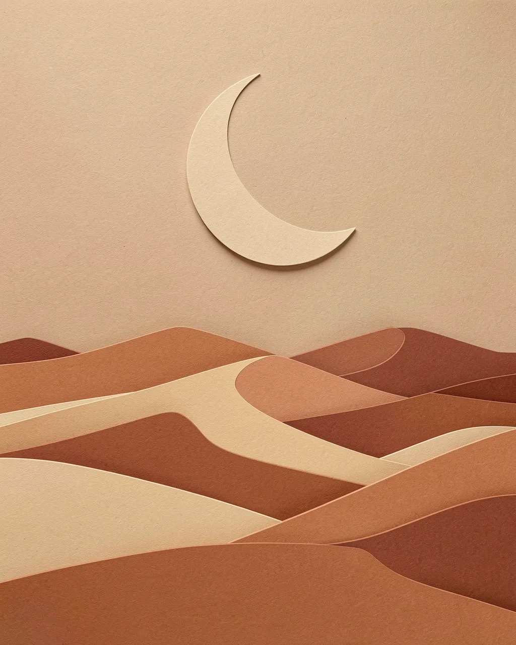Layered paper cut art of rolling desert dunes beneath a pale crescent moon