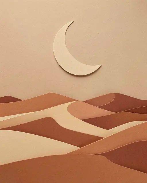 Layered paper cut art of rolling desert dunes beneath a pale crescent moon