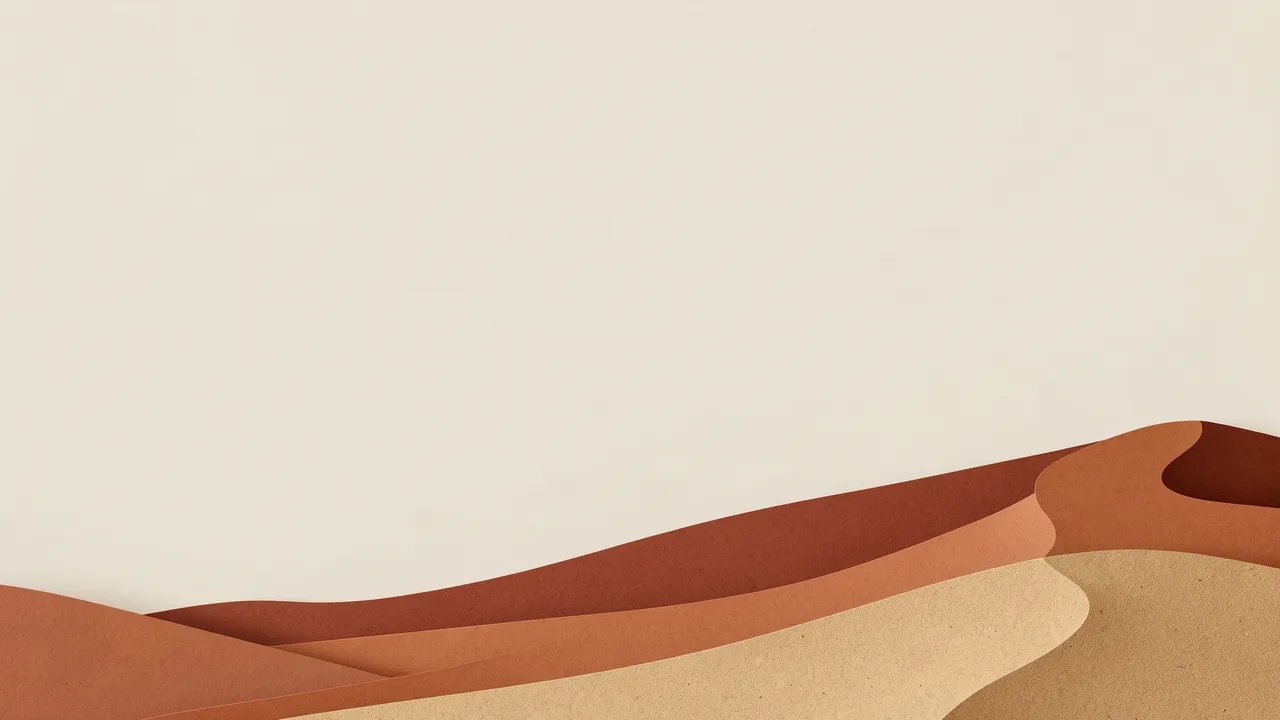 Layered paper cut desert dunes in terracotta and sand tones sit along the bottom with blank pale copy space above