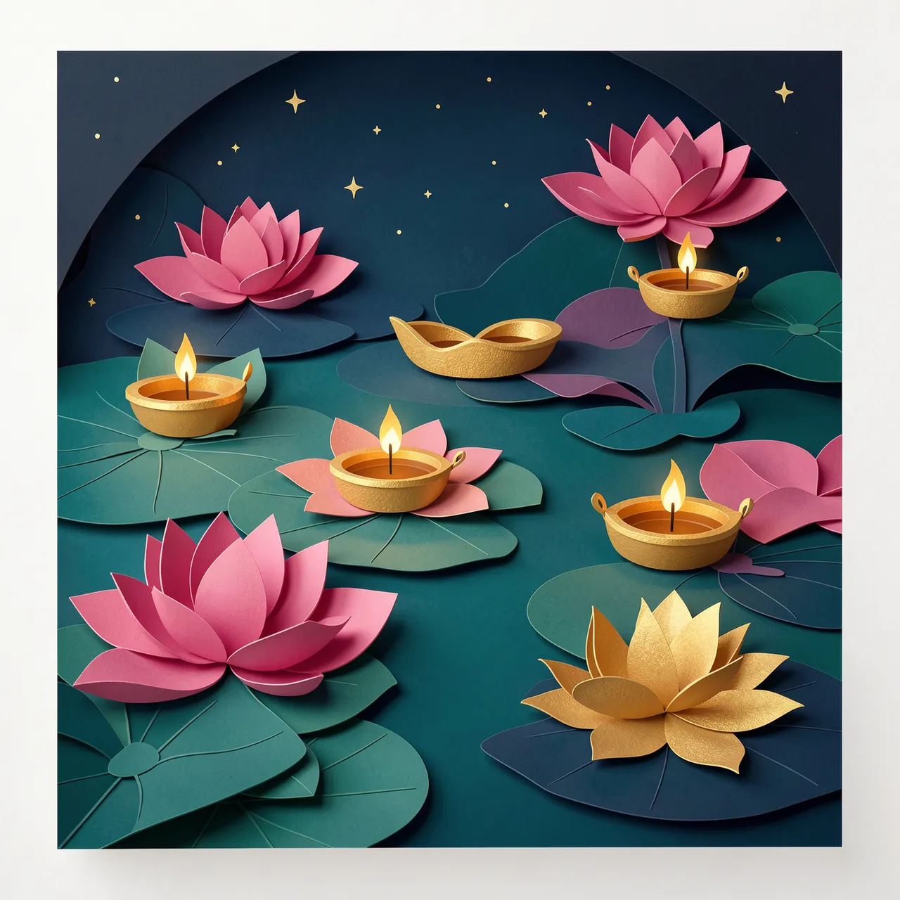 Layered paper cut illustration of a night lotus pond with floating golden diyas and pink lotuses under a starry sky