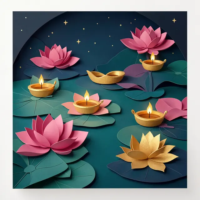 Layered paper cut illustration of a night lotus pond with floating golden diyas and pink lotuses under a starry sky