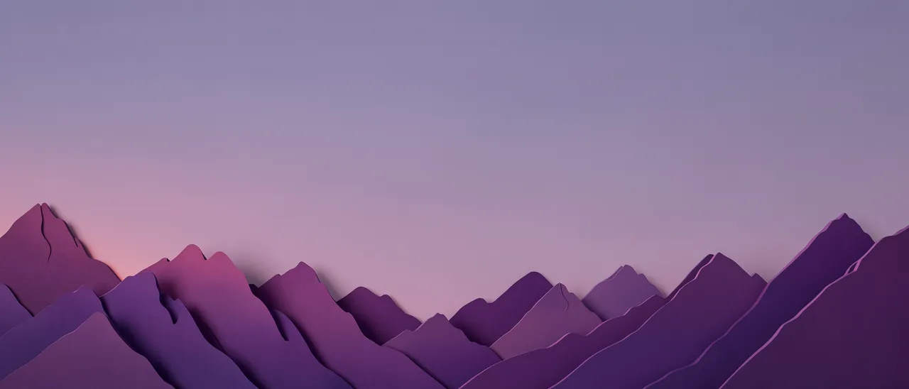 Layered paper cut mountain ridges in purple dusk tones sit along the bottom of a wide empty gradient sky
