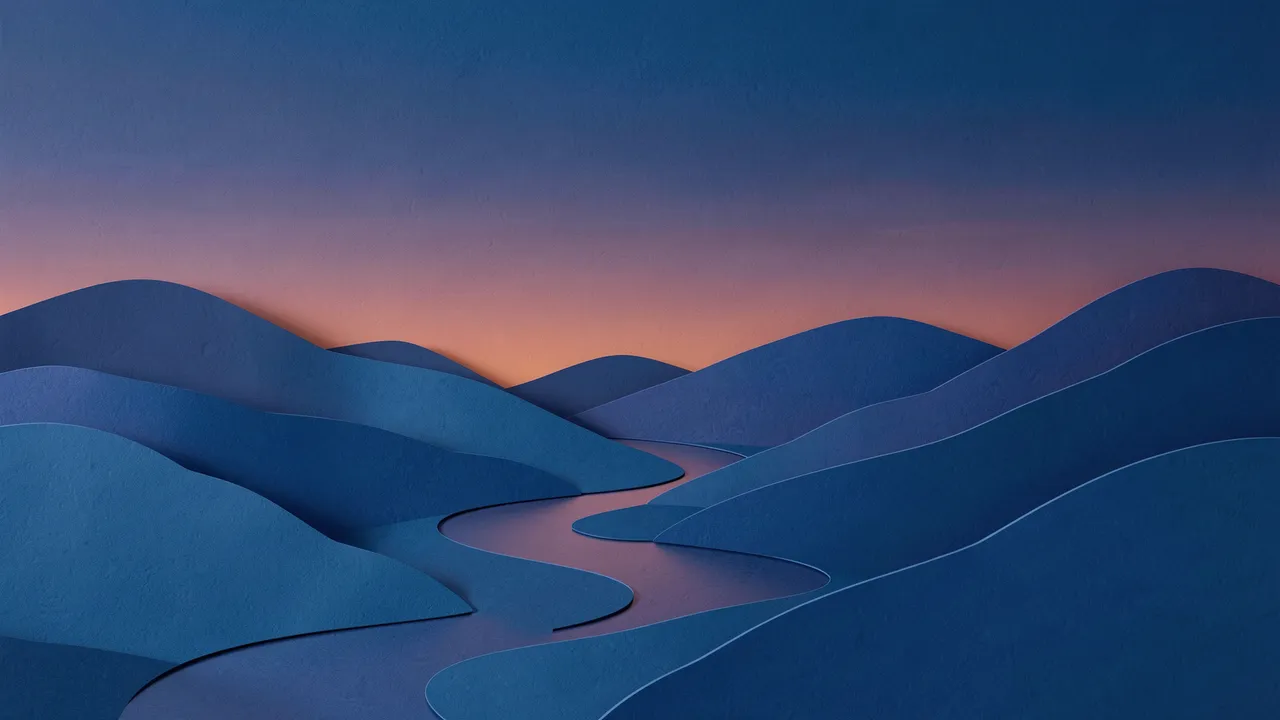 Layered paper cut blue hills curve around a winding river beneath a gradient dusk empty sky