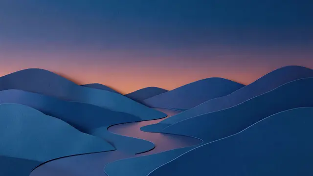 Layered paper cut blue hills curve around a winding river beneath a gradient dusk empty sky