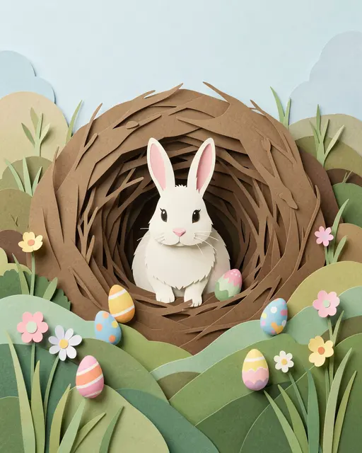 Layered paper cut illustration of a white bunny in a burrow with decorated Easter eggs and spring meadow flowers