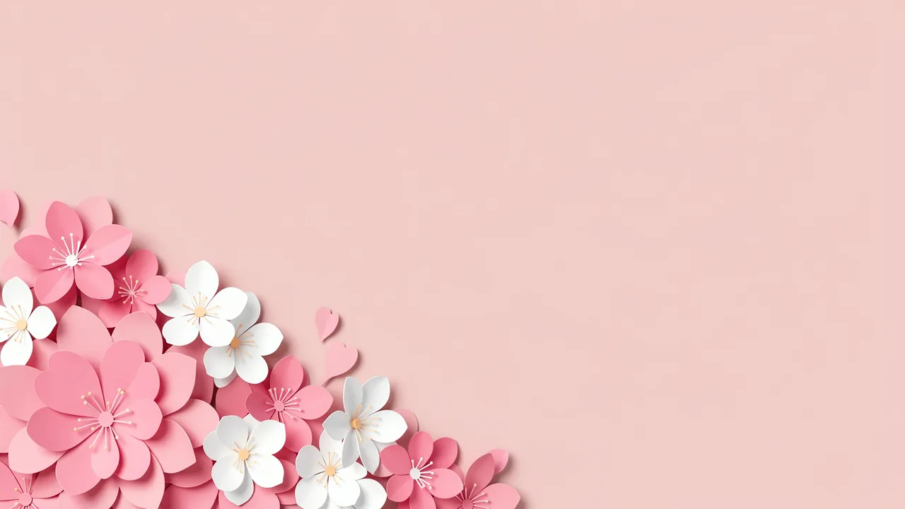 Layered paper cut pink and white blossoms cluster in the lower left of a soft blush empty background