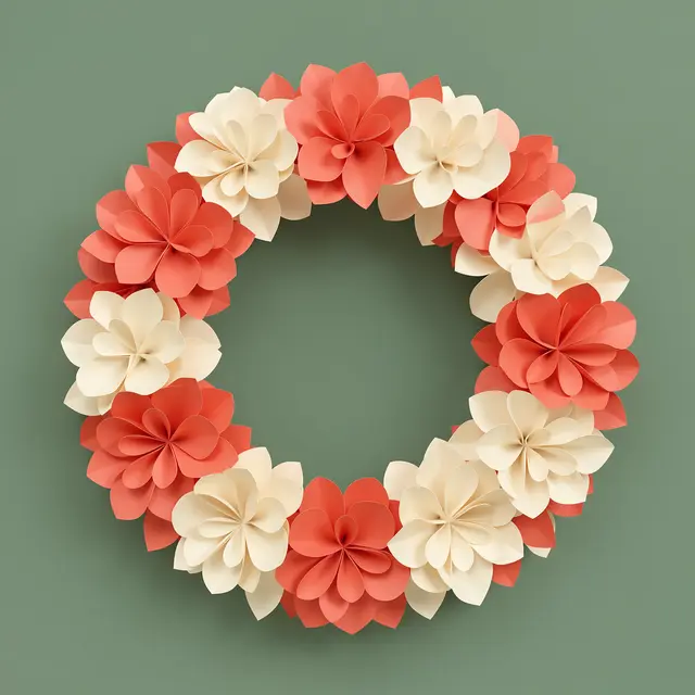 A 3D folded paper wreath of coral and cream flowers sits against a solid sage green background