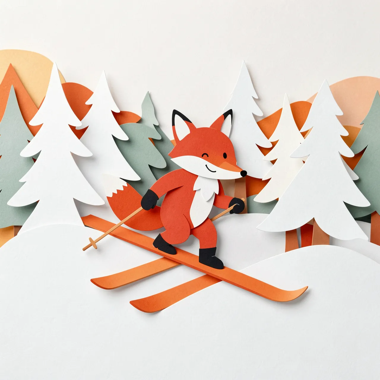 Layered paper cut illustration of a cute red fox skiing through snowy pine trees