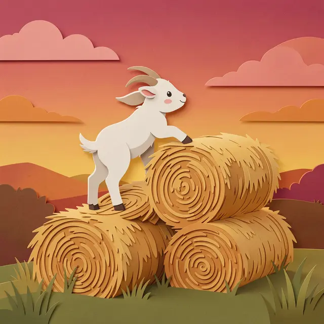 Layered paper cut illustration of a cute goat climbing hay bales to watch a colorful sunset