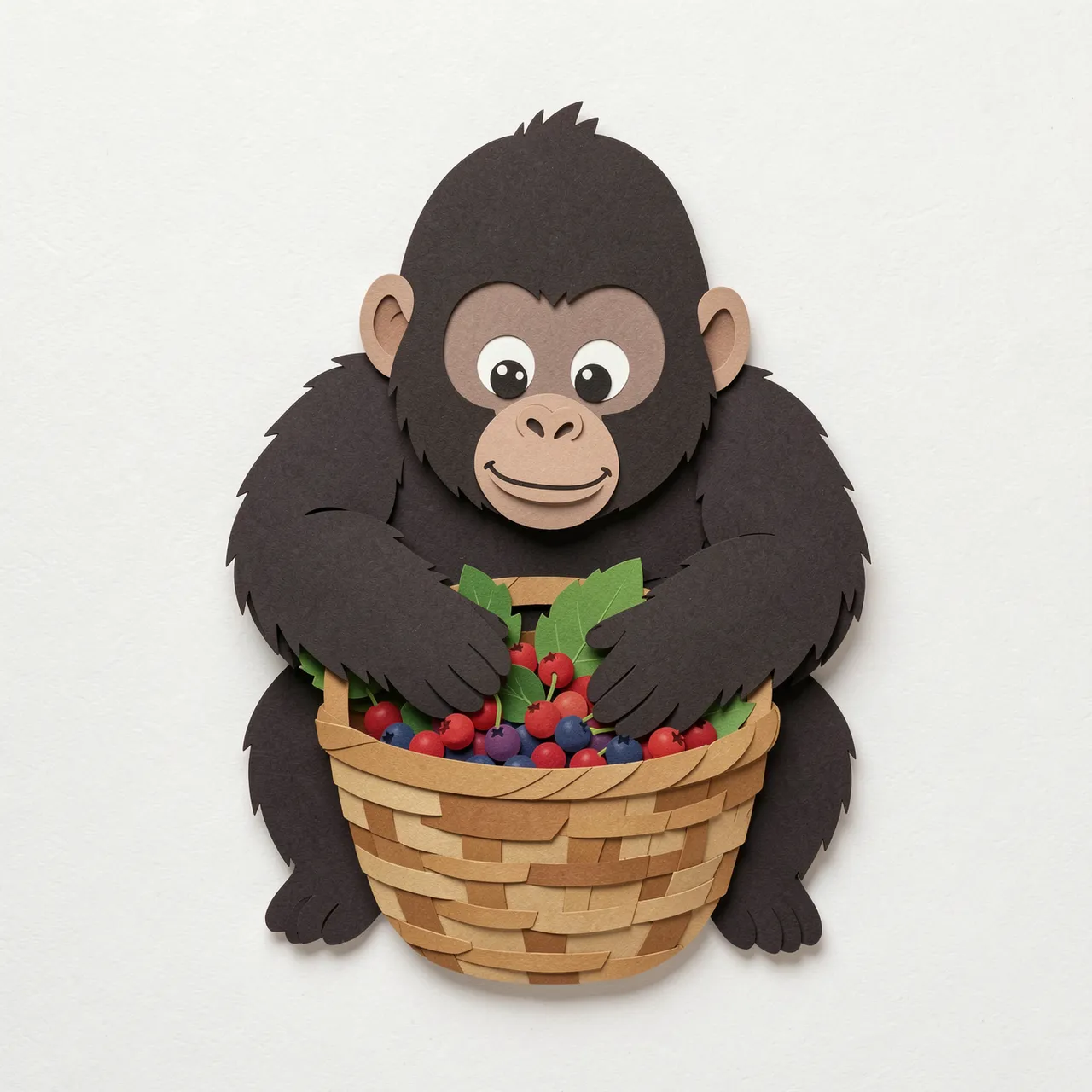 Layered paper cut illustration of a cute baby gorilla holding a woven basket full of wild berries